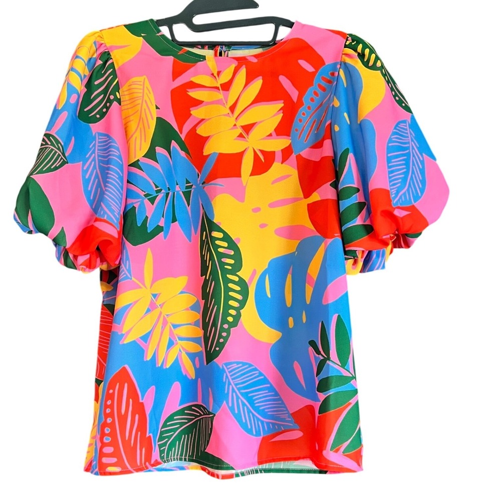 Tropical Leaf Print Puff Sleeve Blouse Medium Multicolor Floral Keyhole Colorful